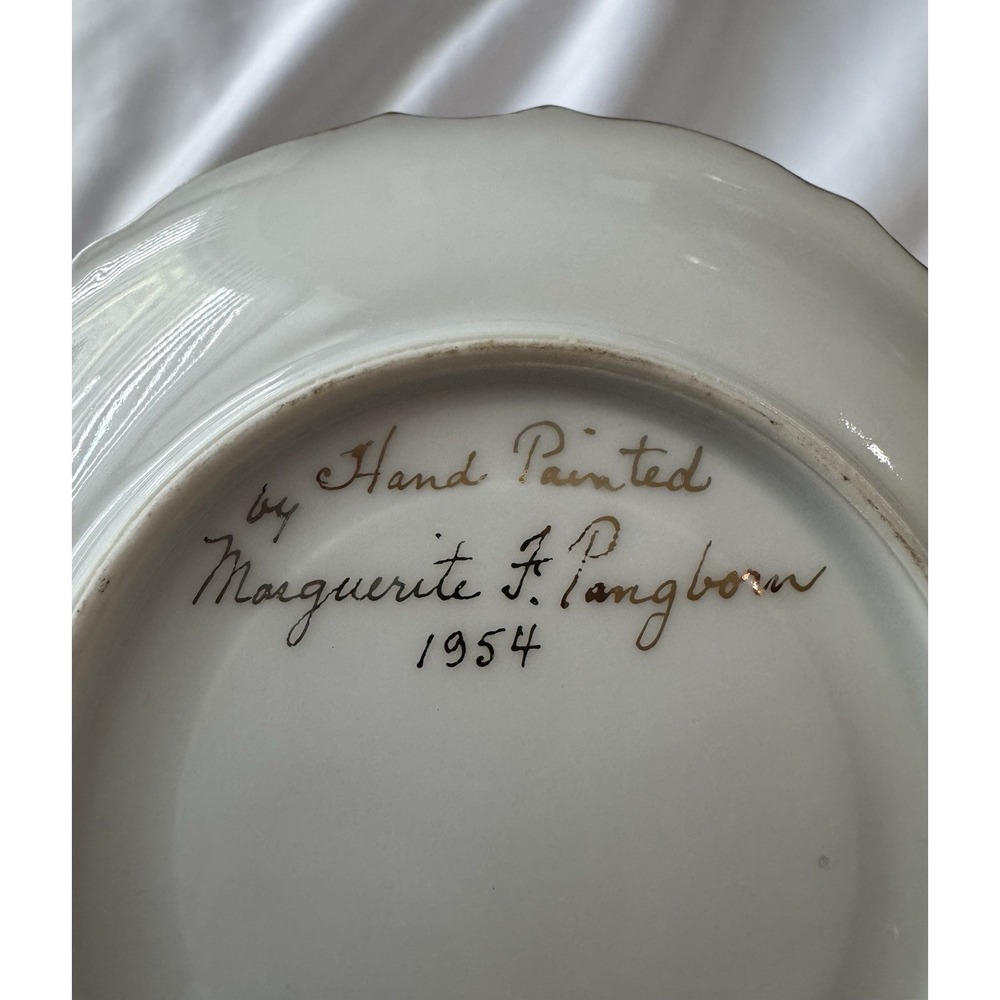 1954 Antique Signed Hand Painted Saucer Plate Floral Gold Tone‎ Rim
